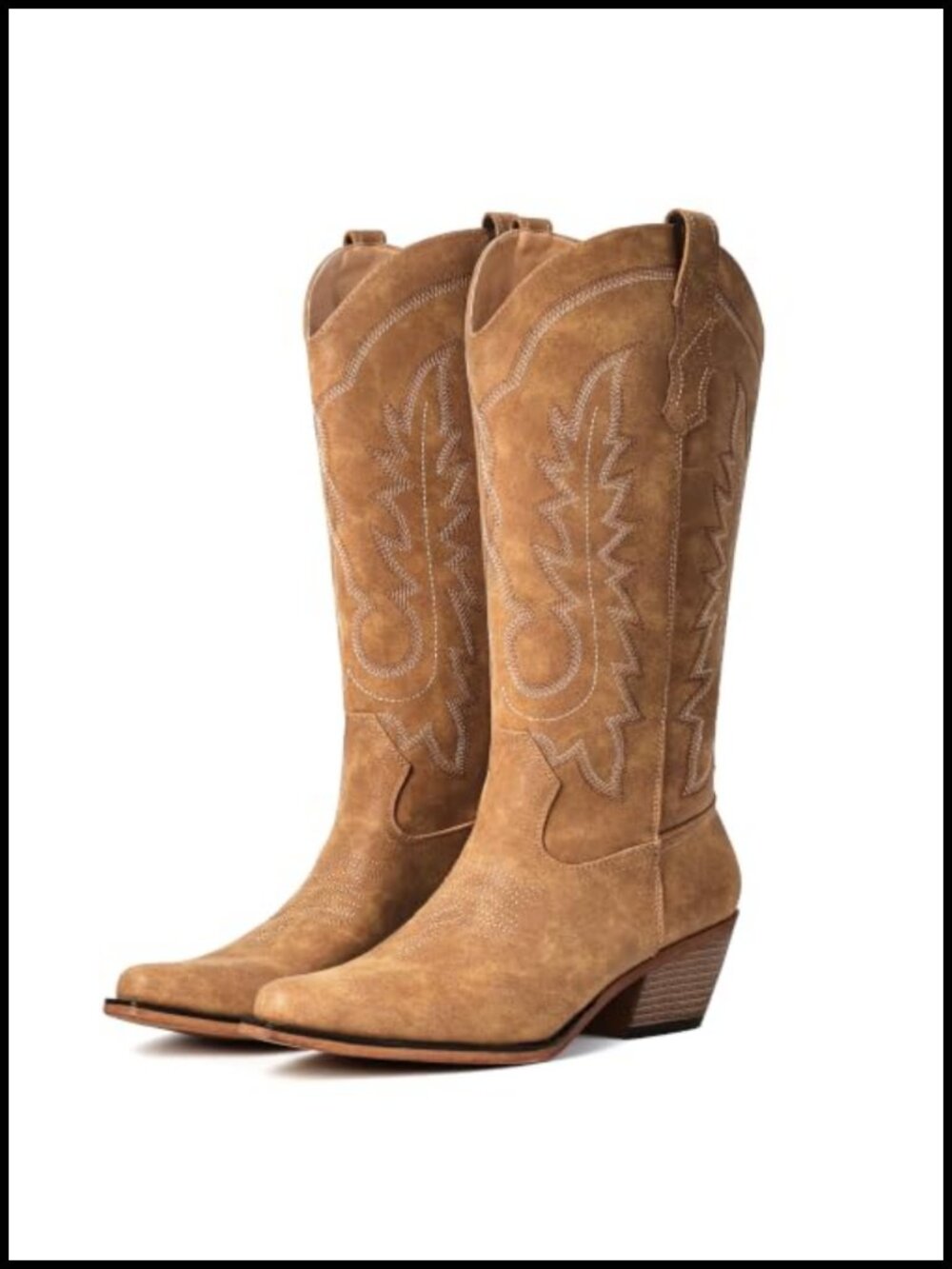 IUV Women's Mid Calf Cowgirl Boots Pointed Toe Chunky Heel Faux Leather